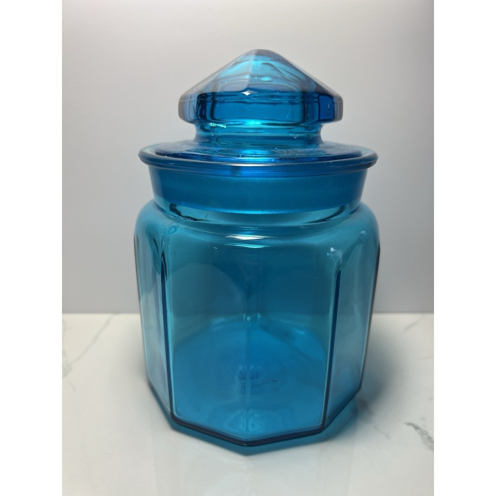 VTG LE Smith Blue Glass Canister Jar With Lid Paneled Pattern 7" MCM USA